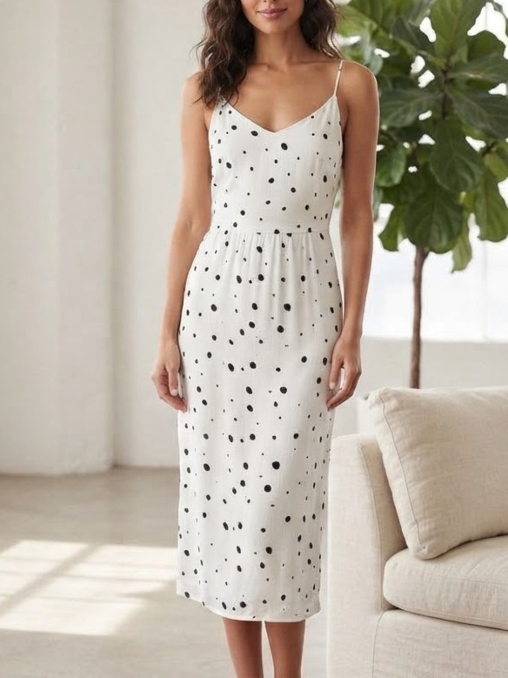 Just Female| White & Black Polka Dot Midi Sleeveless Lined Dress Sz Small